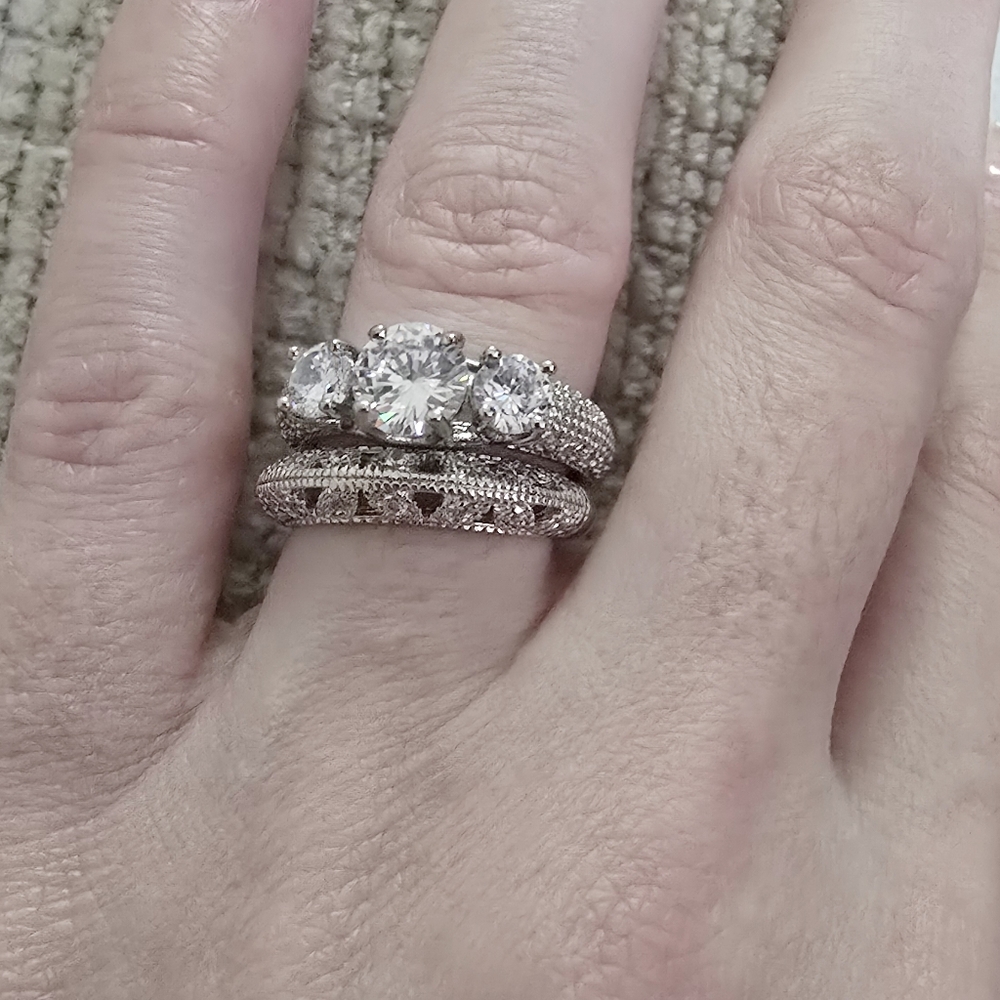 S925 Silver White Gold Tri Stone Setting With Matching Filigree Band Set NEW